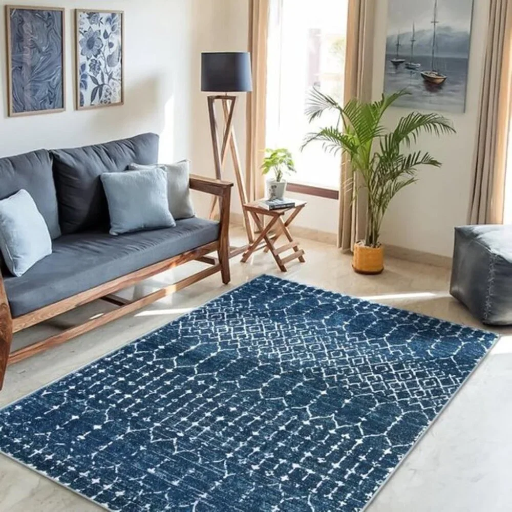 New 4x6 Moroccan Blue Area Rug, Non-Slip Geometric Carpet for Home & Room Decor